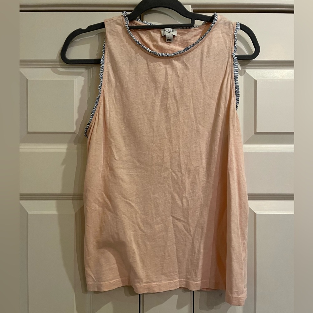 J.Crew Pink Sleeveless Top With SeersuckerStriped Ruffle Trim Tank Blouse